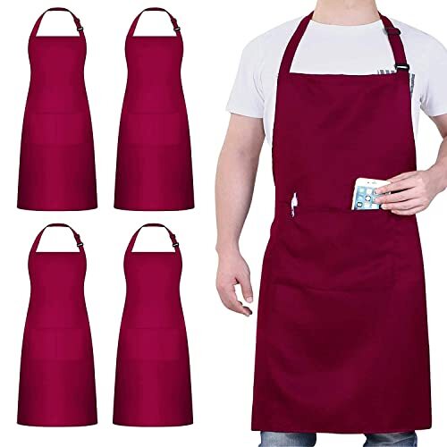 4 Packs Chef Apron, Waterproof Apron, Adjustable Apron Polyester Blend Wine