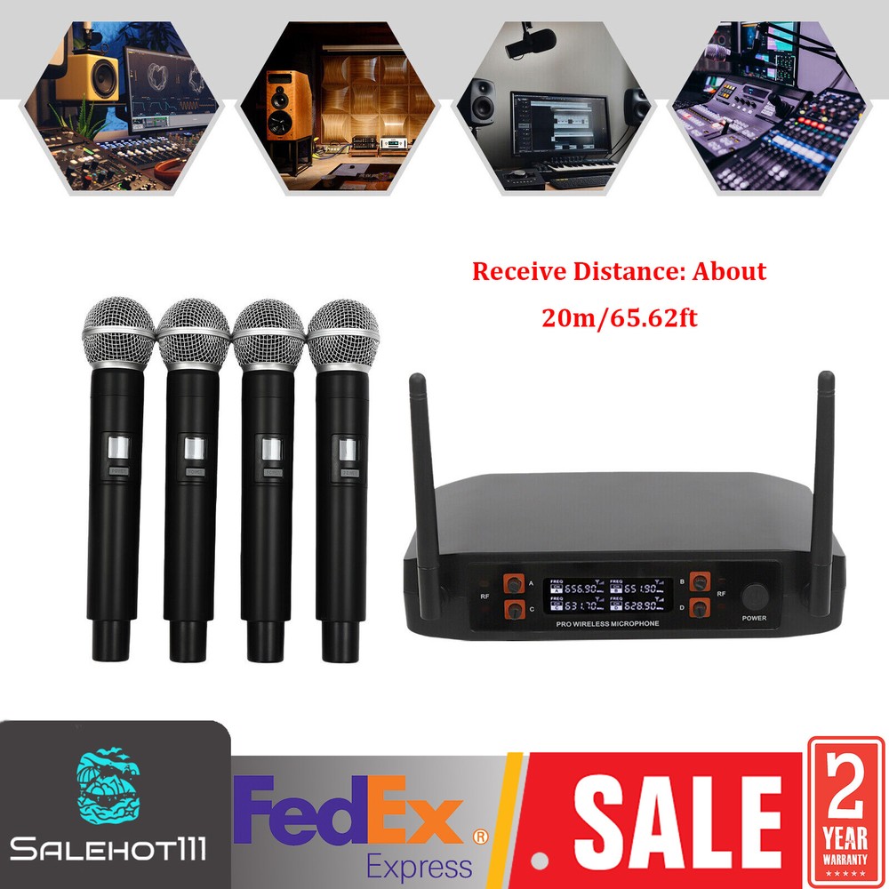 Wireless Microphone System 4 Channel Pro Audio UHF 4 Handheld Dynamic Mic Party