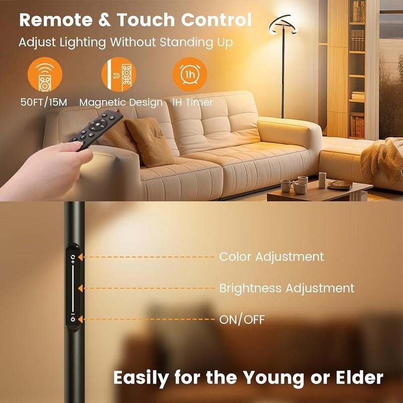 Contemporary Dimmable LED Floor Lamp Remote Touch Control Adjtable Lighting