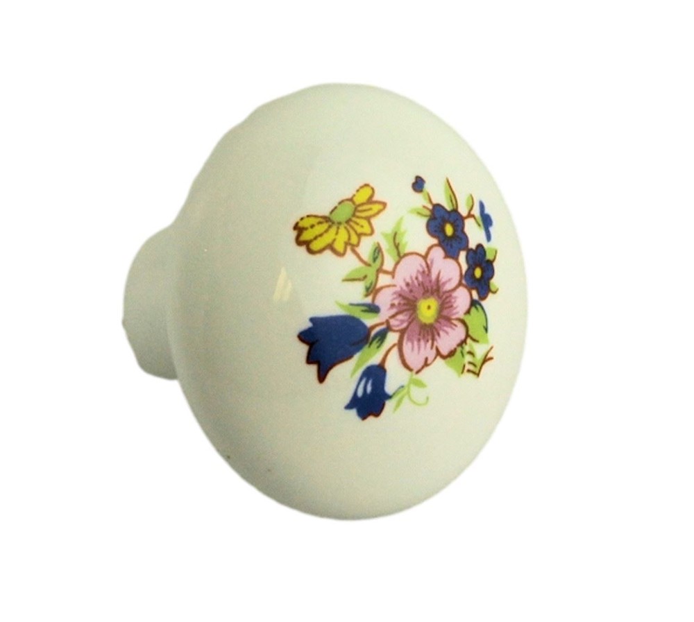 White Ceramic Knob w/ Flowers - 1-3/8"
