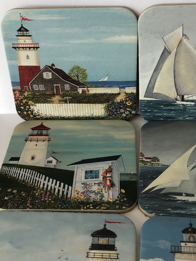 Six Cork Coasters, Featuring Lighthouses and Tall ships.
