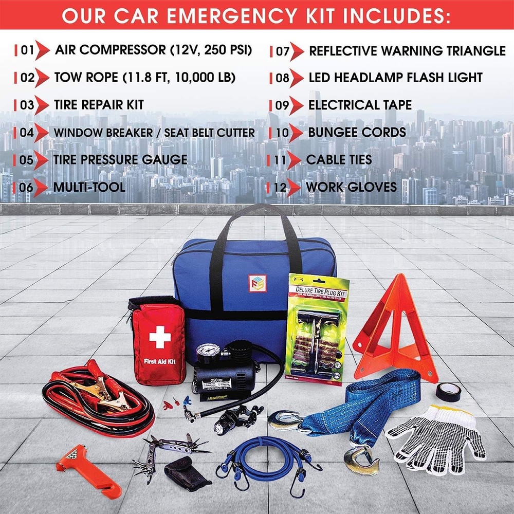 Car Emergency Kit with Air Compressor, First Aid, Tow Strap and More
