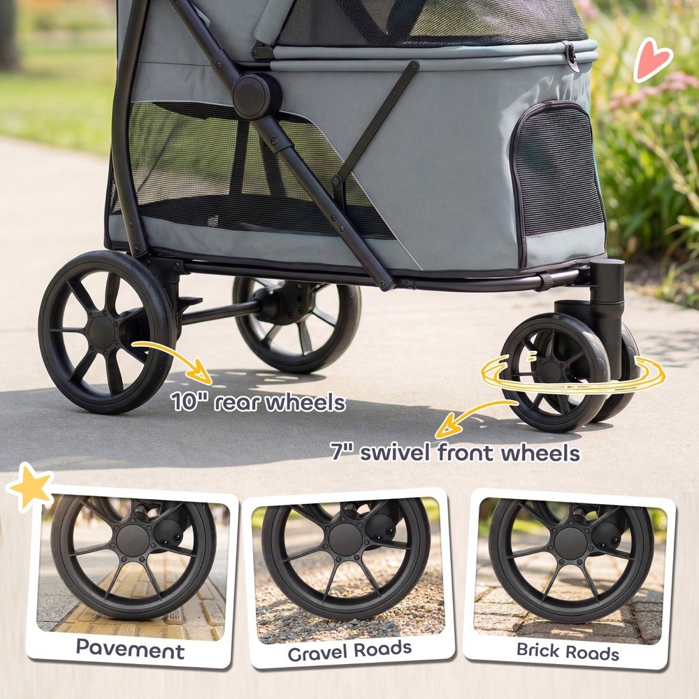 3 Wheel Pet Stroller Foldable Dog Cat Stroller w/ Mesh Window