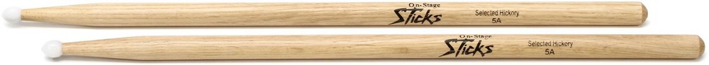 On-Stage Hickory Drumsticks - 5A - Nylon Tip (5-pack) Bundle