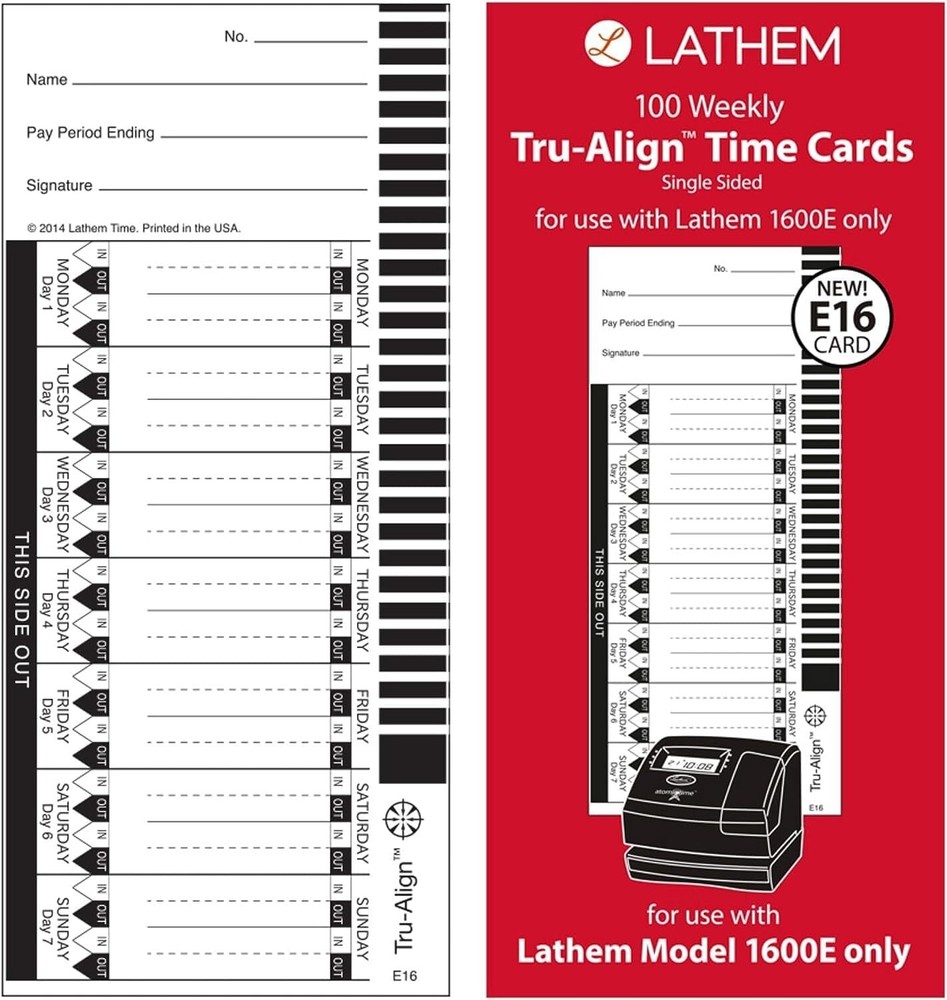 Lathem TruAlign E16 Time Cards for 1600E, Weekly, 1-Sided, 4" x 9", White