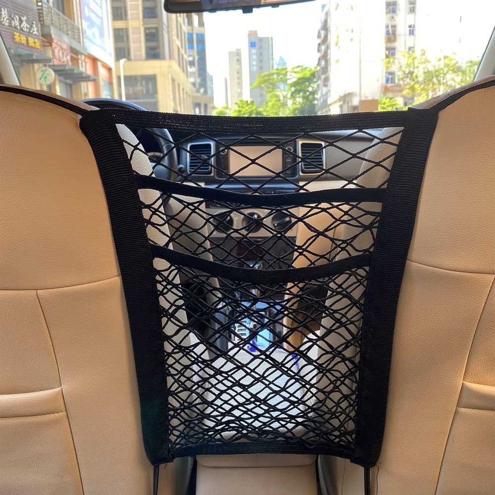 Adjustable Car Storage Net Bag Black Nylon 3 Layer Design for Easy Installation