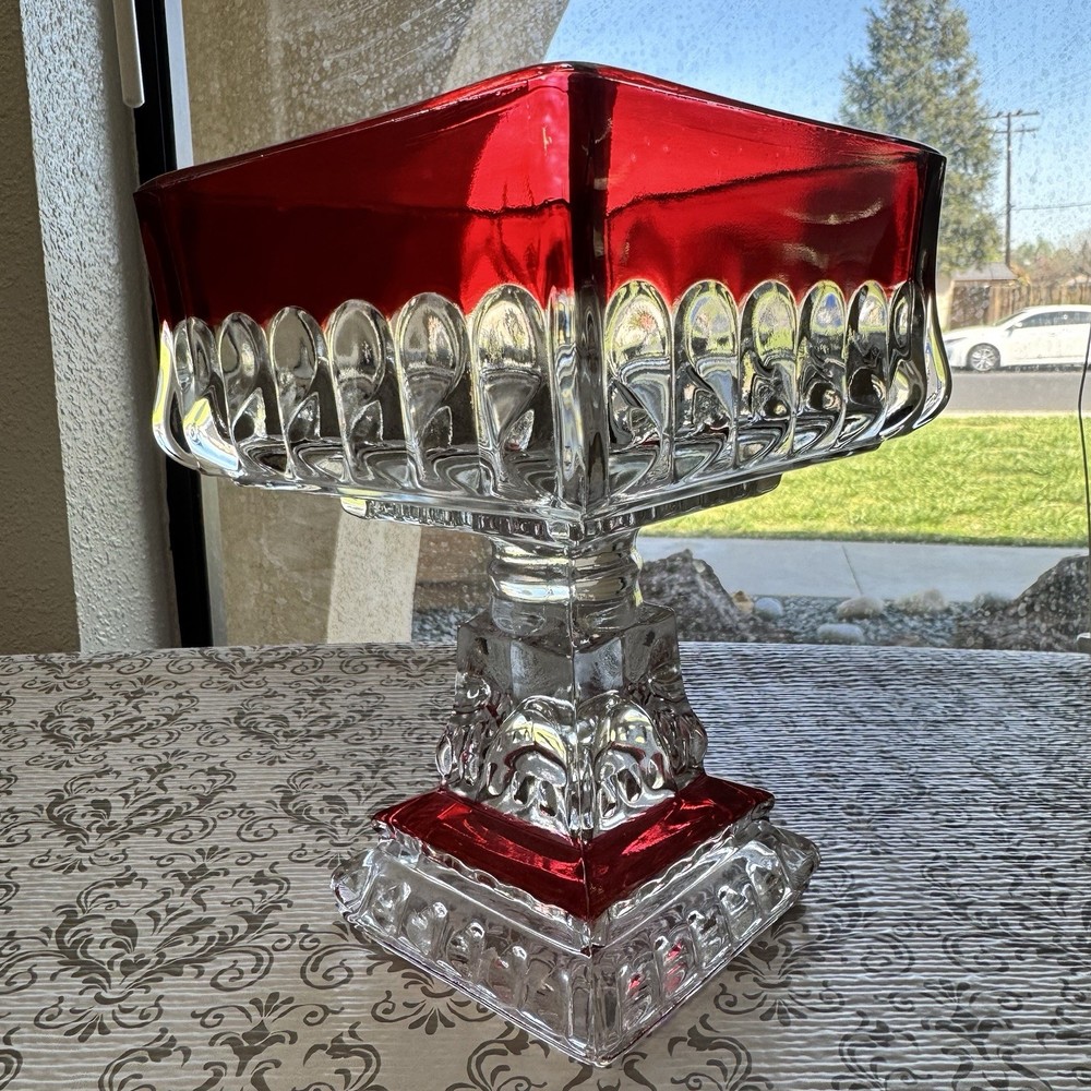 Indiana Glass Ruby Flash Pedestal Compote Square Thumbprint Bowl