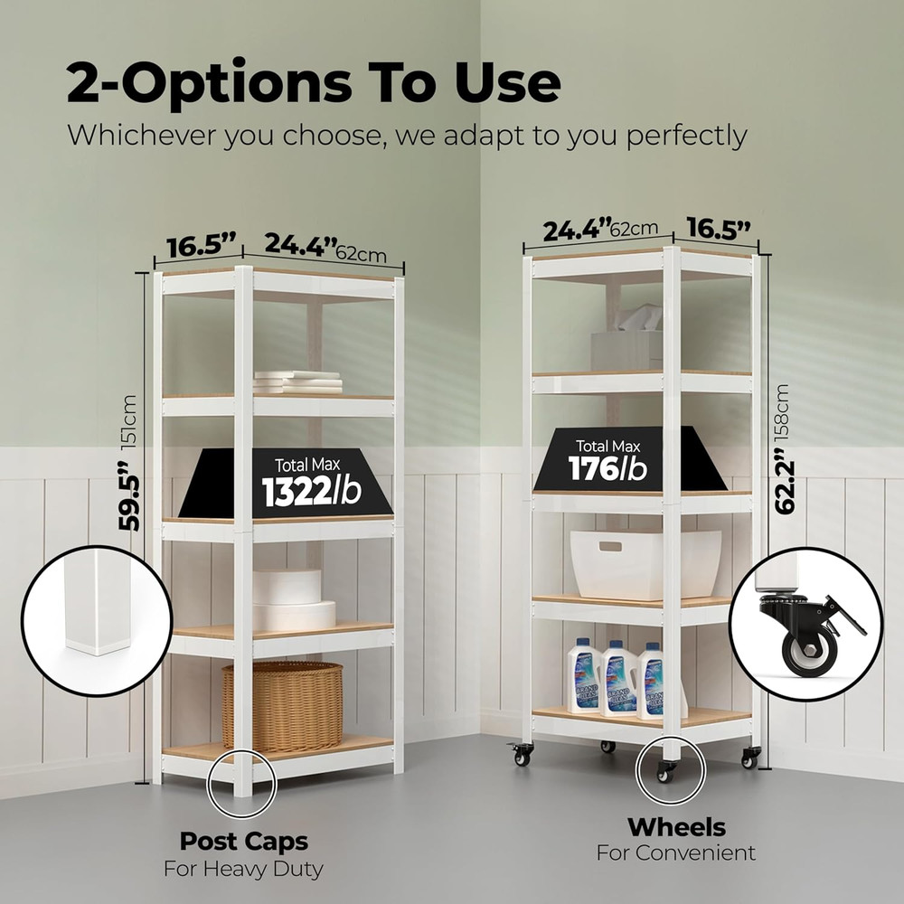 5-Tier Metal Rolling Cart with Adjustable Shelves - Heavy Duty Storage Unit