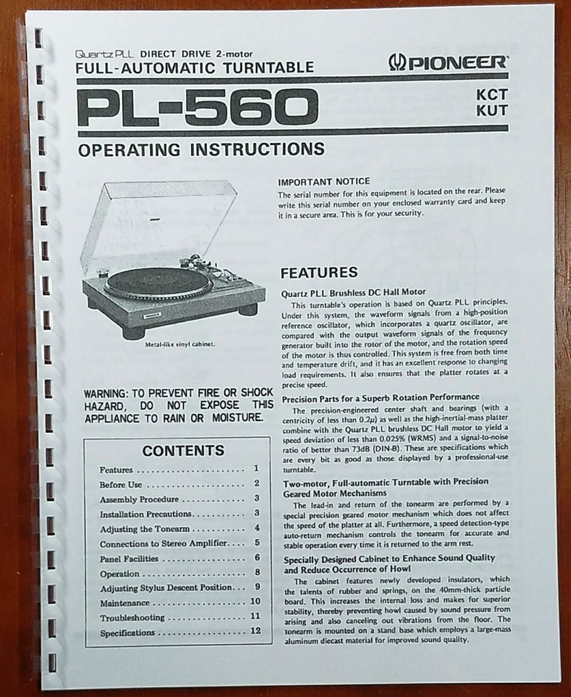 Pioneer PL-560 Turntable Owners Manual