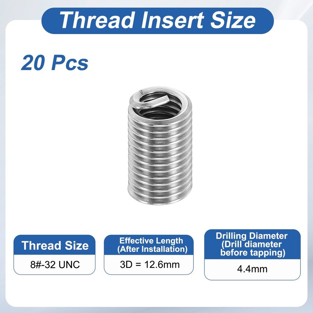 20pcs Wire Thread Inserts 8#-32 UNC 3D 12.6mm Helical Threaded Sleeve