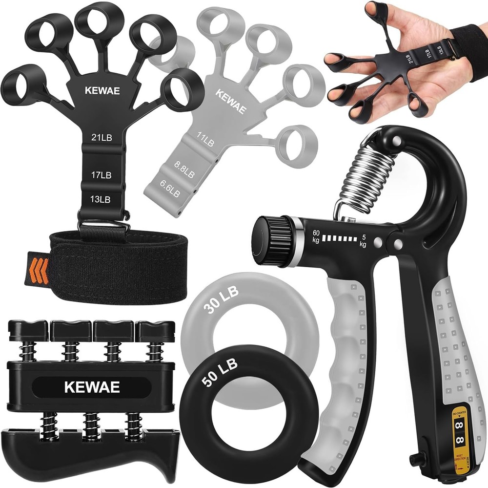 Grip Strength Trainer Kit 6 Pack with Finger Exerciser, Hand black grey