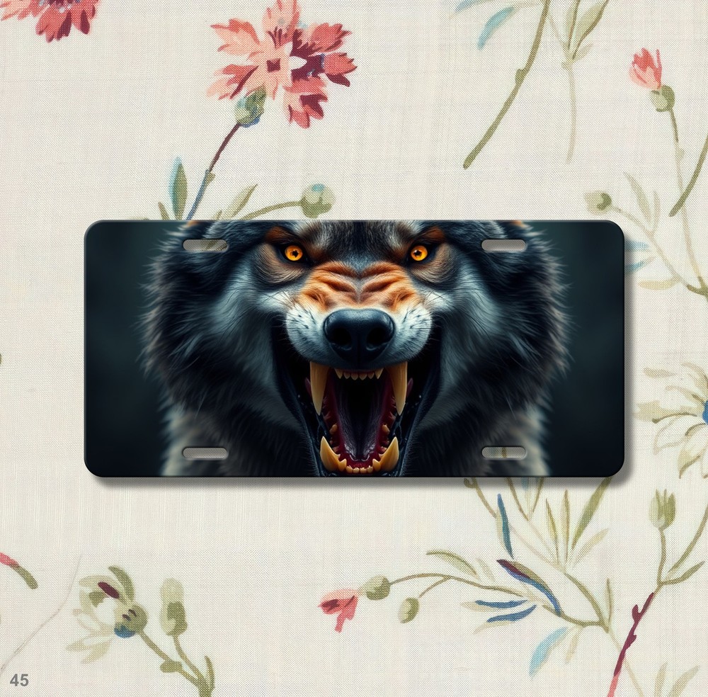 Hyperrealistic Wolf License Plate with Fangs Custom Front Plate Gift Idea