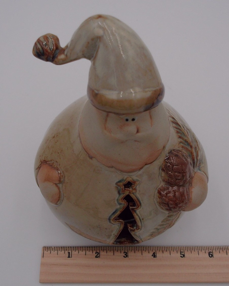 Santa Holding Pinecones Ceramic Candle Holder 8" Tall