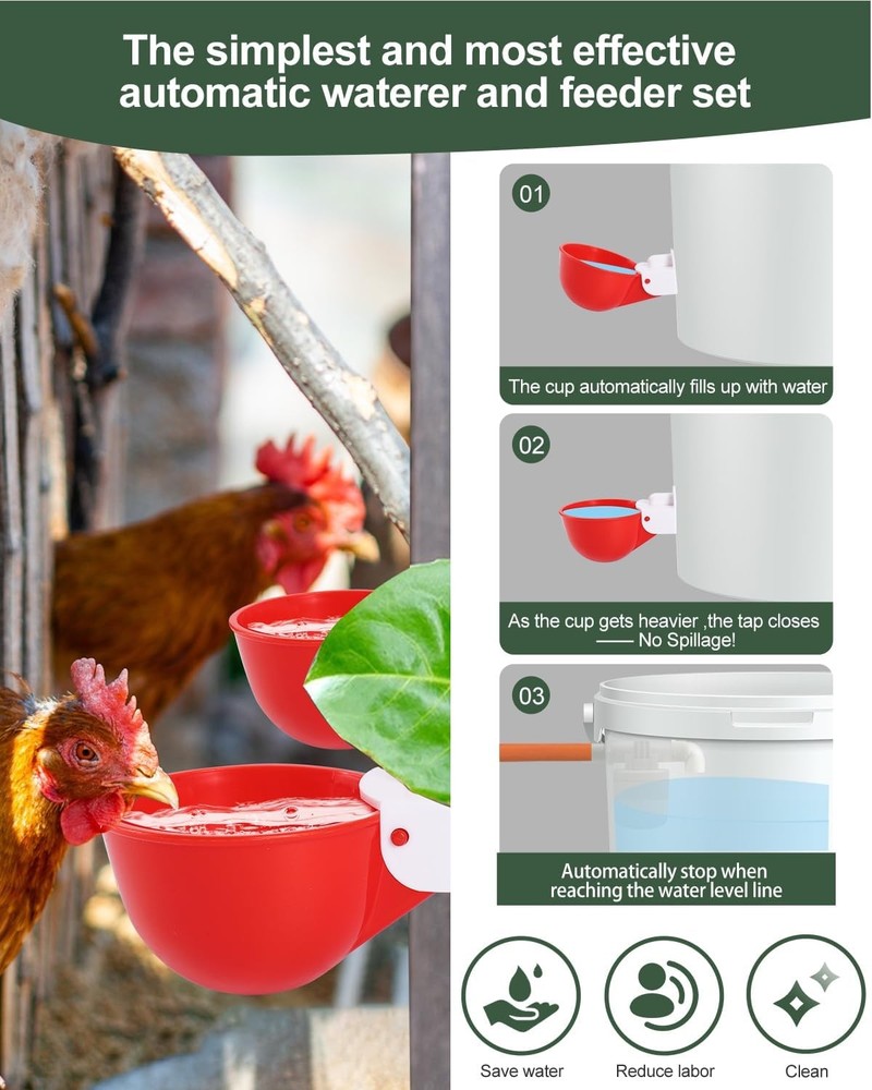 DIY Automatic Chicken Waterer Kit 4 Chicken Water Cups Float Valve Drill Bit 4