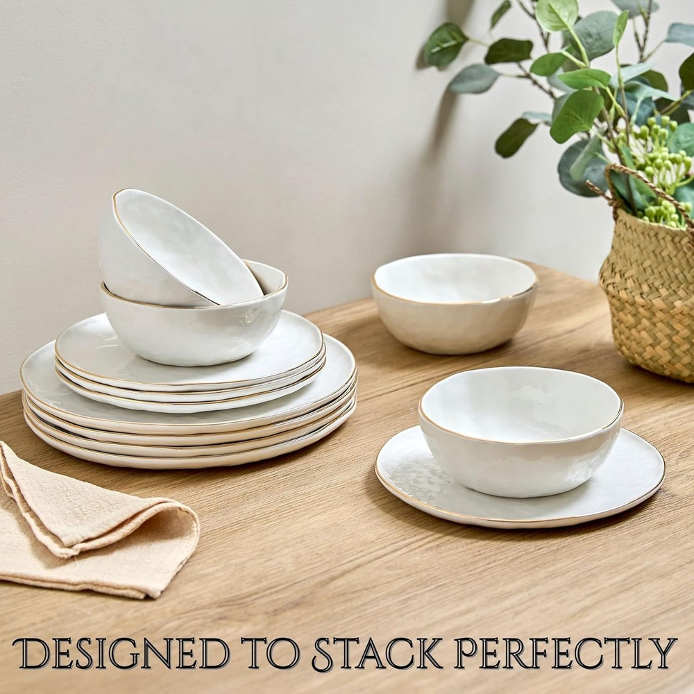 Sango 12-Piece Lightweight Stoneware Dinnerware Set for 4, Glossy Vanilla White