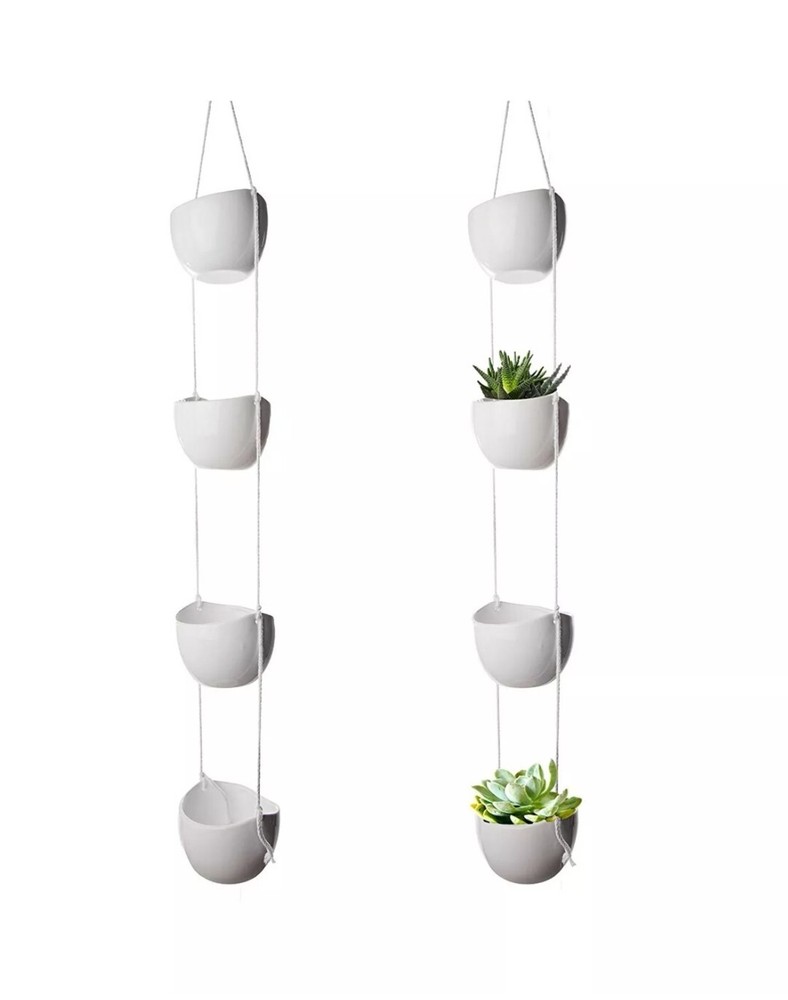 4-Tier Hanging Plant Holder White Ceramic Planter