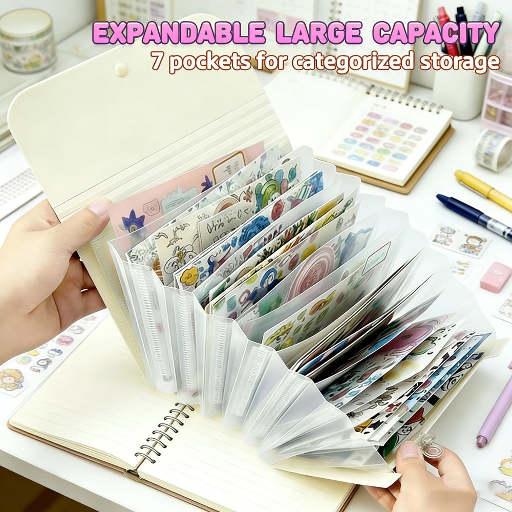 Sticker Storage Organizer with 7 Expandable Pockets, Multi-Layer Desktop Stic...