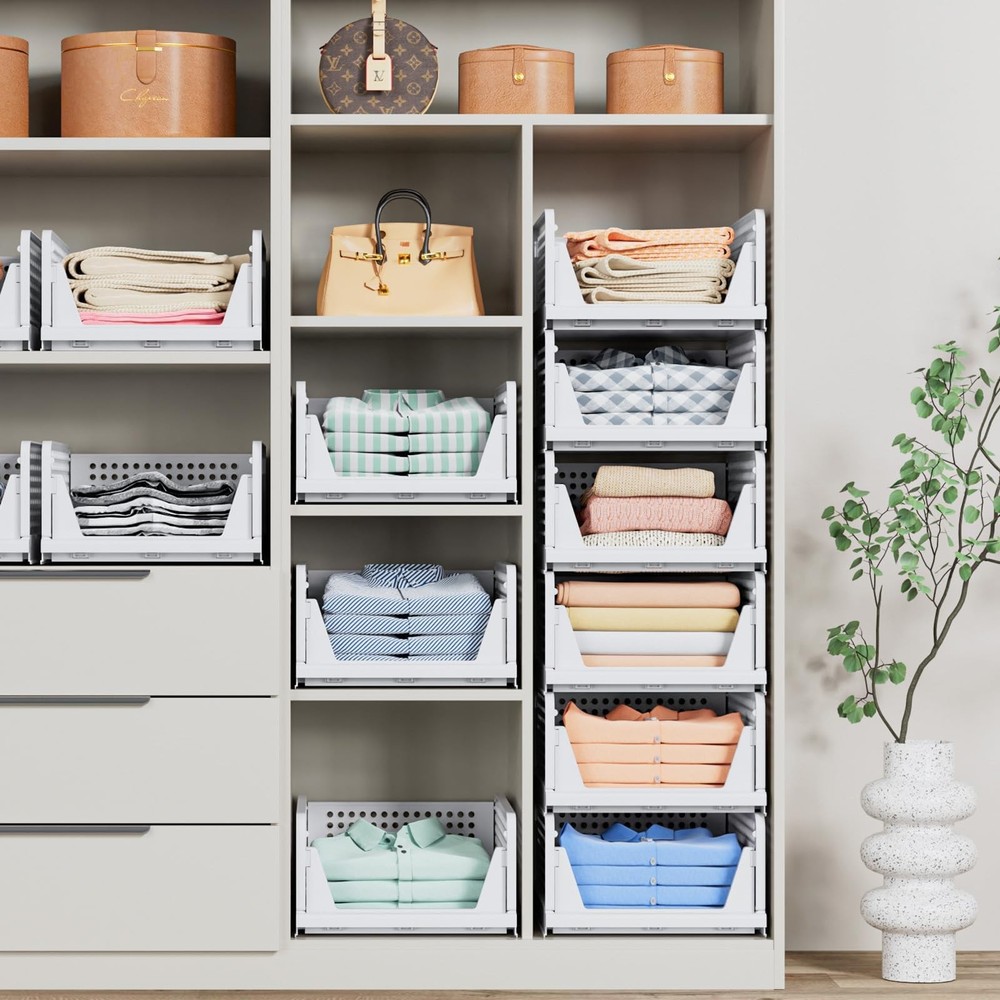 5 Pack Stackable Closet Storage Basket - Stackable Storage Bins, Multifunctio...