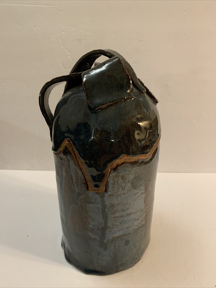 RARE Amanda Pottery Studio Stoneware Glazed Blue Cookie Jar Unique Shape Signed