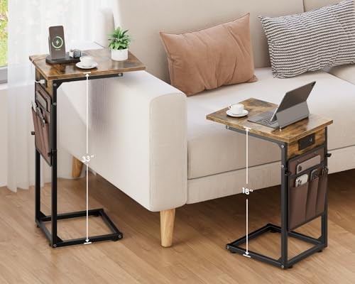 C Shaped End Table with Charging Station, Adjustable Rustic Brown With Plug
