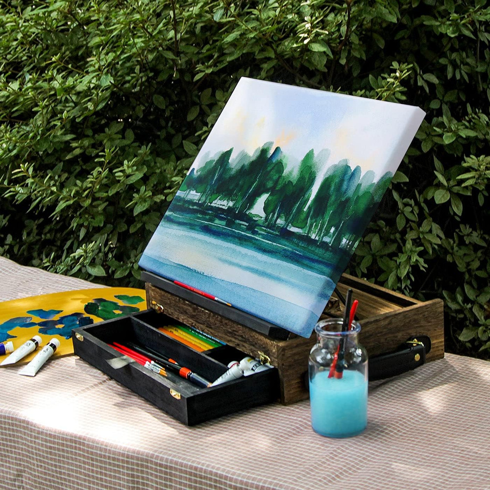 Rustic Wood Adjustable Portable Desktop Table Easel with Storage Drawer- Artist