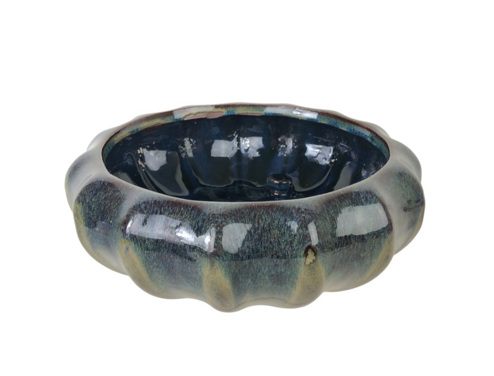 Shallow 9" Bowl Planter Bulb Vase Scalloped Blue Brown Drip Glaze Internal Knobs