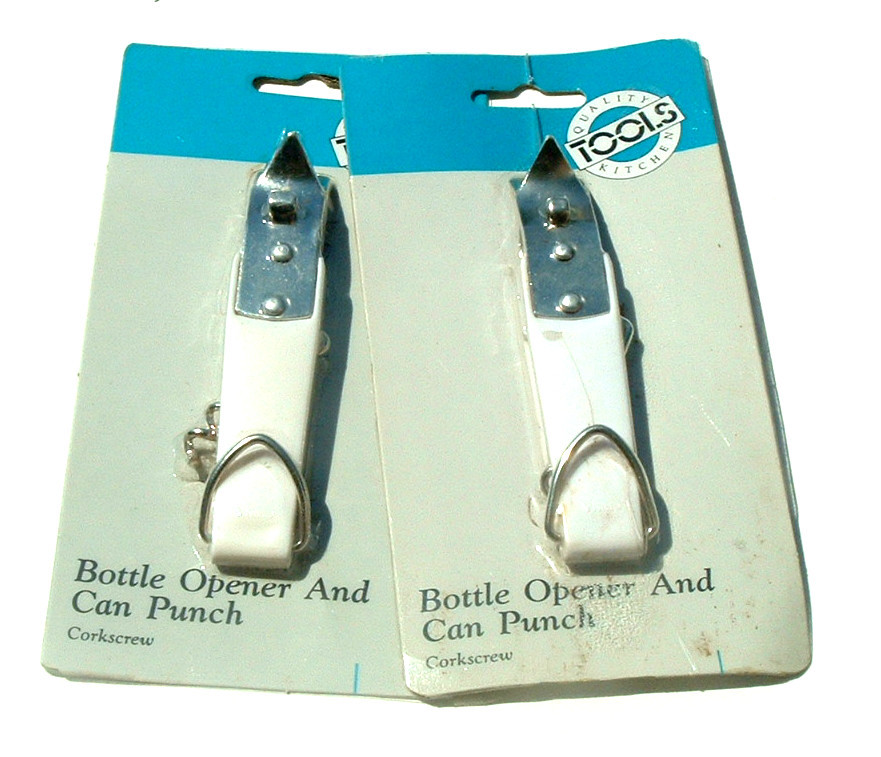 Quality Kitchen Tools Bottle Opener and Can Punch w Corkscrew 2pcs White Plastic