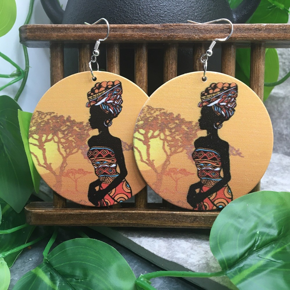 2” Silver-tone Earring Set Boho Retro Wood Dangle Juneteenth African New A738
