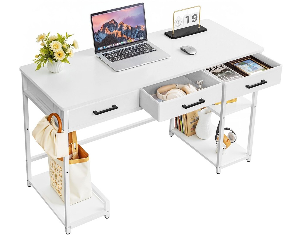 Shahoo Computer Desk with Drawers & Storage Shelves, 48" Modern Writing Table...