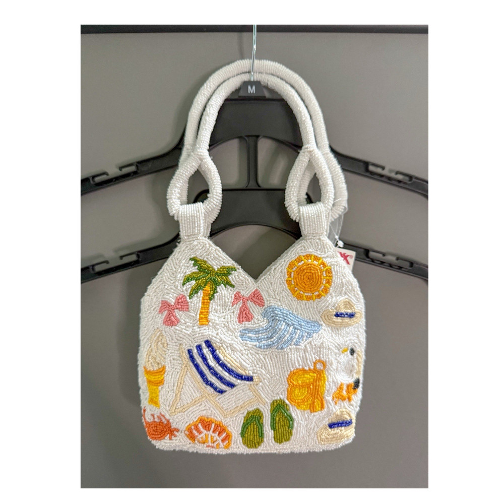 Beaded Beach Theme Shoulder Bag White Multicolor Double Handles Medium
