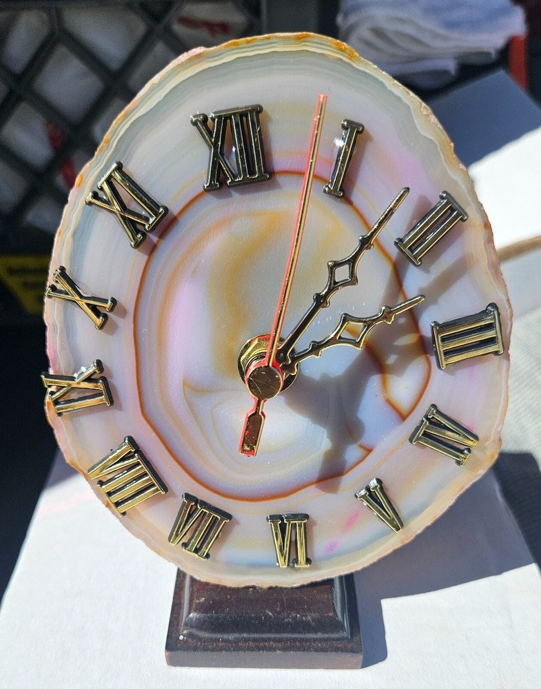 Natural Agate Slice Clock with wood Base