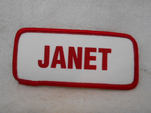 JANET USED SILK SCREEN NAME PATCH TAG RED ON WHITE
