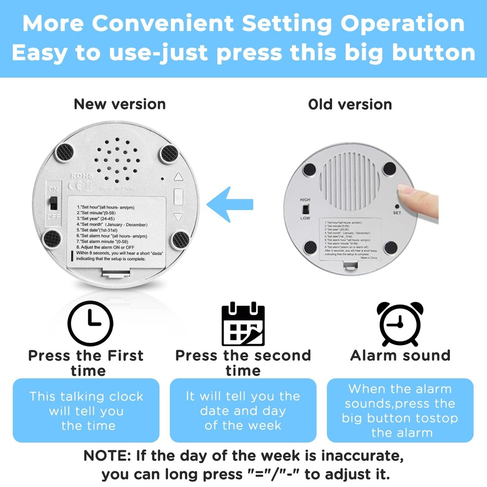 Talking Button Clock Talking Alarm Clock for Blind Talking Clock Volume Contr...