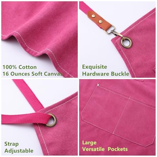 Chef Apron Medium-Thick Cotton Canvas,Cross Back with Multiple Pockets Pink