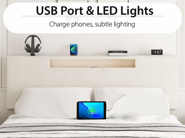Upholstered Platform Bed Large Size Frame With LED Light And Charging Function