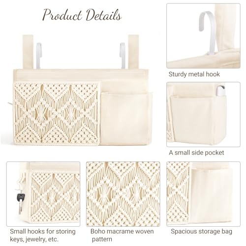 Bedside Caddy Hanging Organizer, Boho Macrame Storage with Fixed Straps and