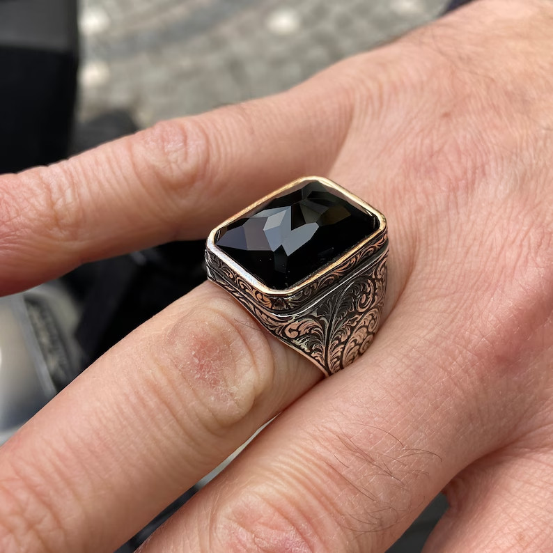 Men Onyx Black Stone Ring Solid 925 Sterling Silver Ottoman Handmade Gift