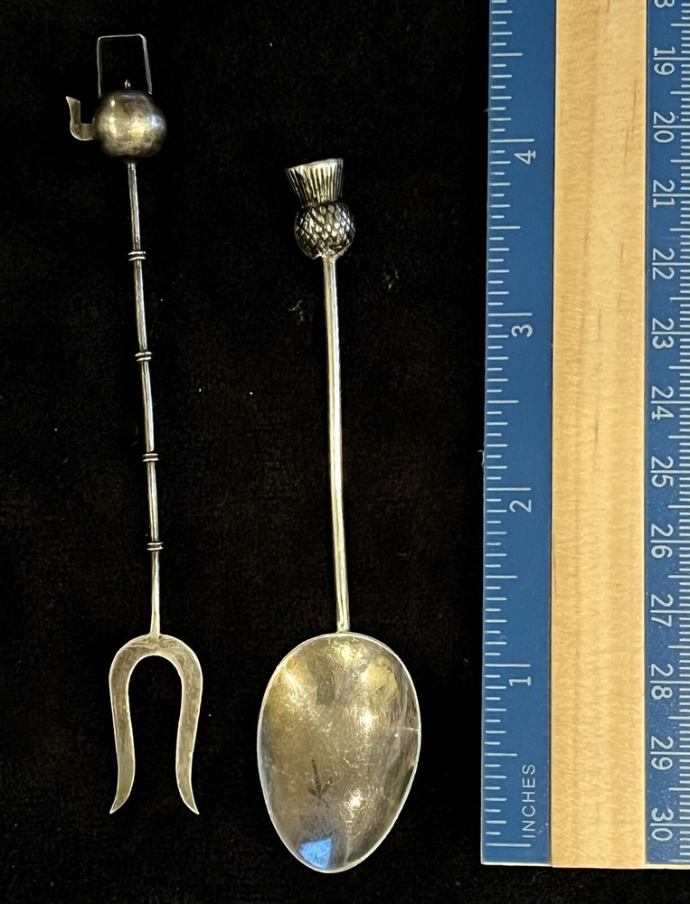 800 Silver Demitasse Pickle Fork & Sugar Spoon Tea Kettle Pineapple Finials Pair