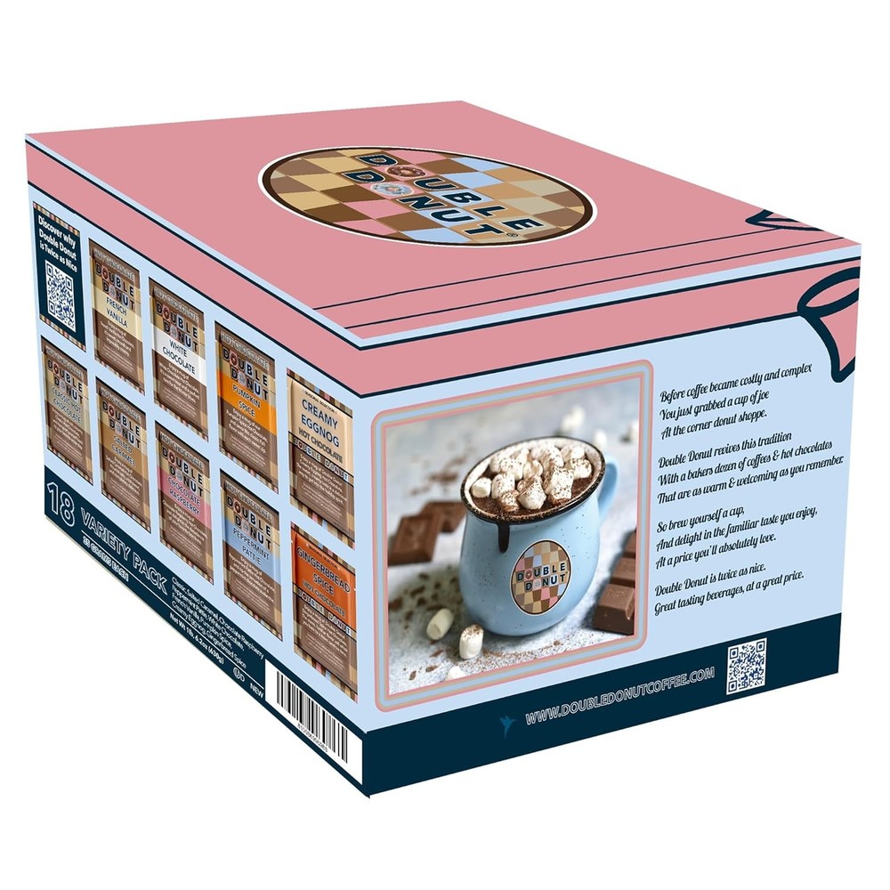 Double Donut Coffee Flavored Hot Chocolate Packets Variety Pack,18 Count Include