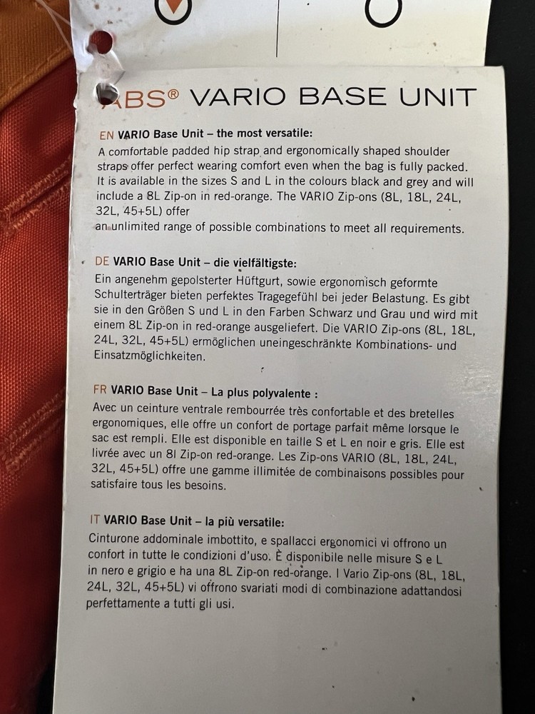 ABS Avalanche Backpack Vario Zip Ons Base Unit Orange