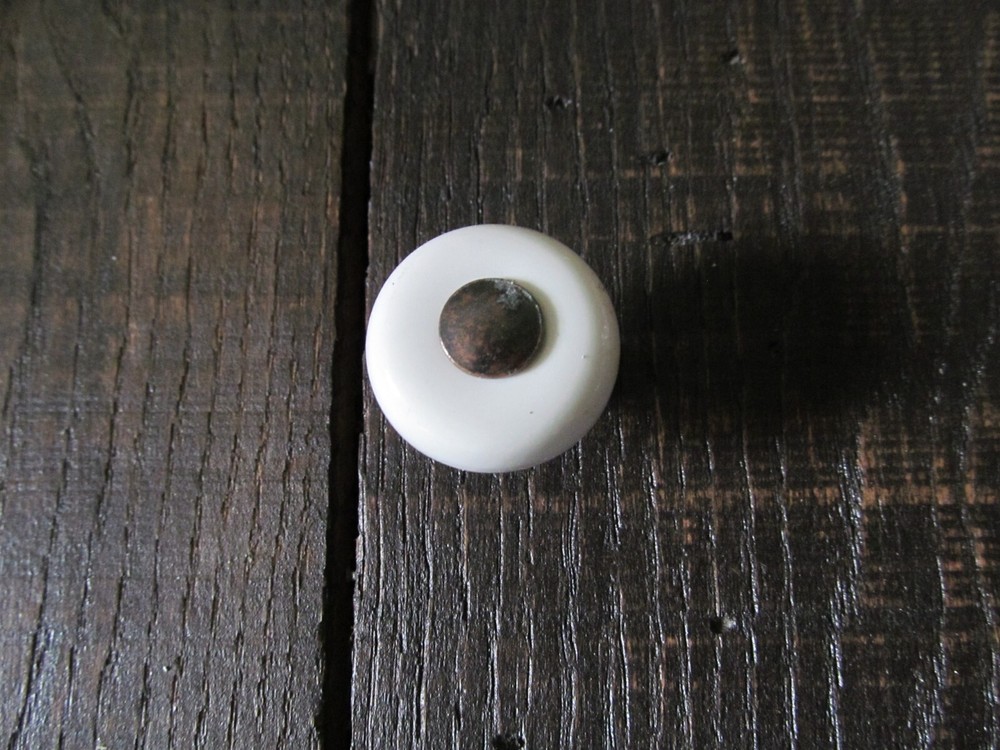 VTG White Ceramic Porcelain & Brass Knob Cabinet Pull Handle 7/8" Button