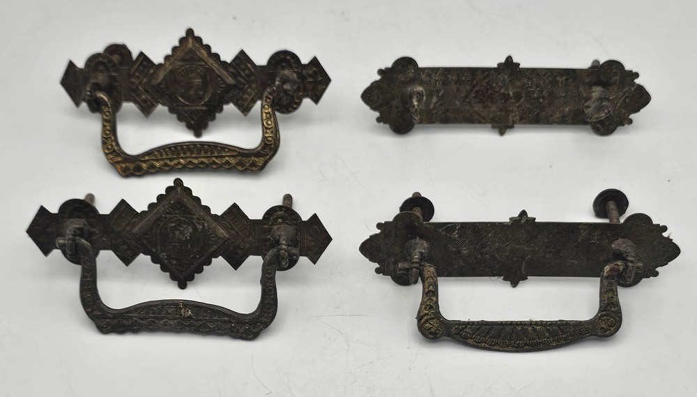Antique Pressed Brass Drawer Pulls Ornate Gothis Style ~ 2 Pairs