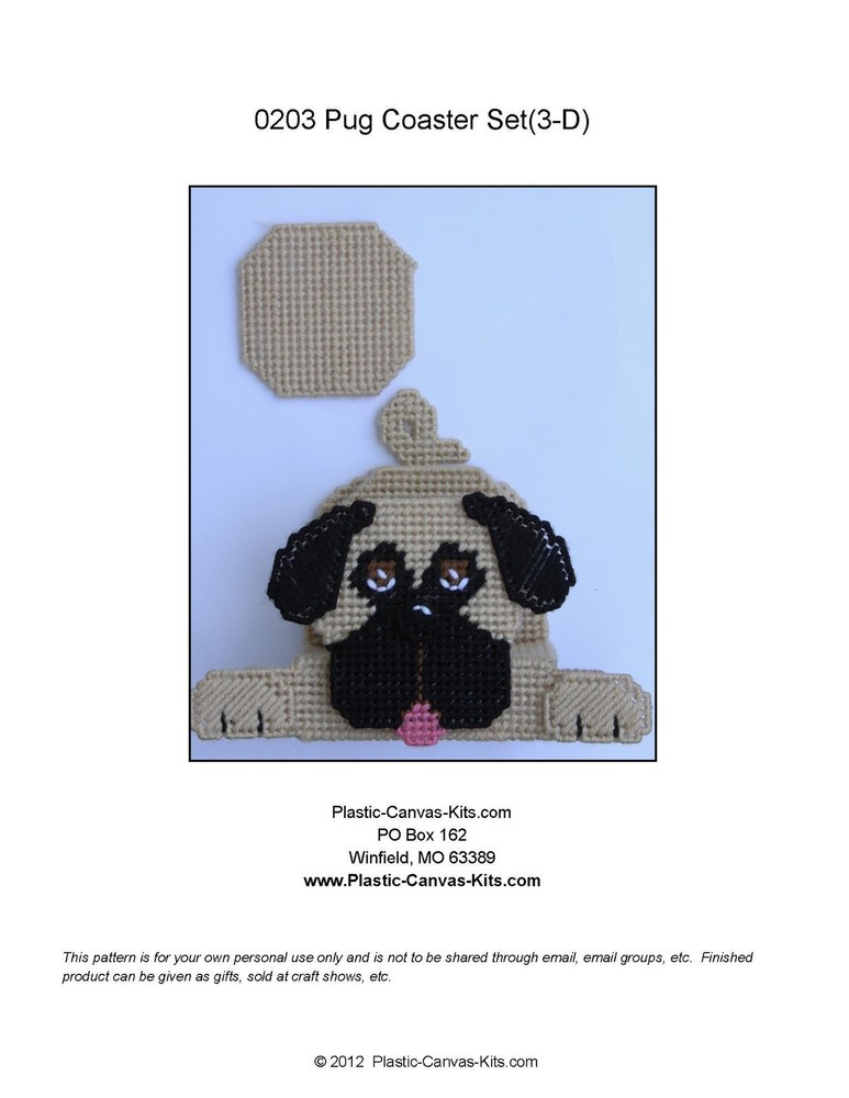 3-D Pug Dog- Coaster Set-Plastic Canvas Pattern or Kit