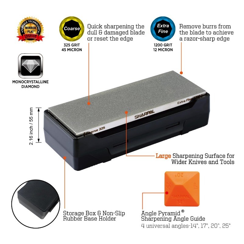 SHARPAL 162N Double-sided Diamond Stone, 325/1200 Grit, NonSlip Base & Guide