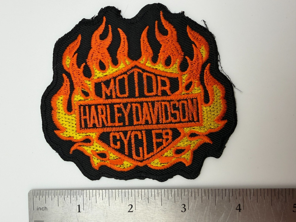 Harley-Davidson Cycles Biker Patch Black Orange Flames Shield Symbol Iron On
