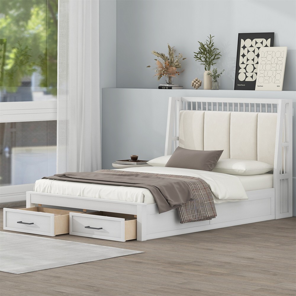 Full/Queen Size Bed Frame Upholstered Platform Bed Frame w/ 2 Drawers White