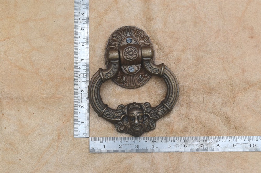Vintage Cast Iron Victorian Face antique Gold Door Knocker Handle Pull Ring