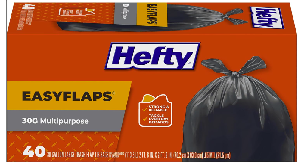 Hefty Easy Flaps Multipurpose Large Trash Bags, Unscented, 30 Gallon, 40 Count