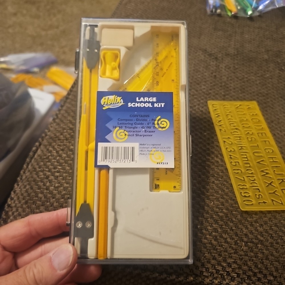 Helix Compass Protractor Large School Kit # 37213 Triangle Ruler Guide +stencil