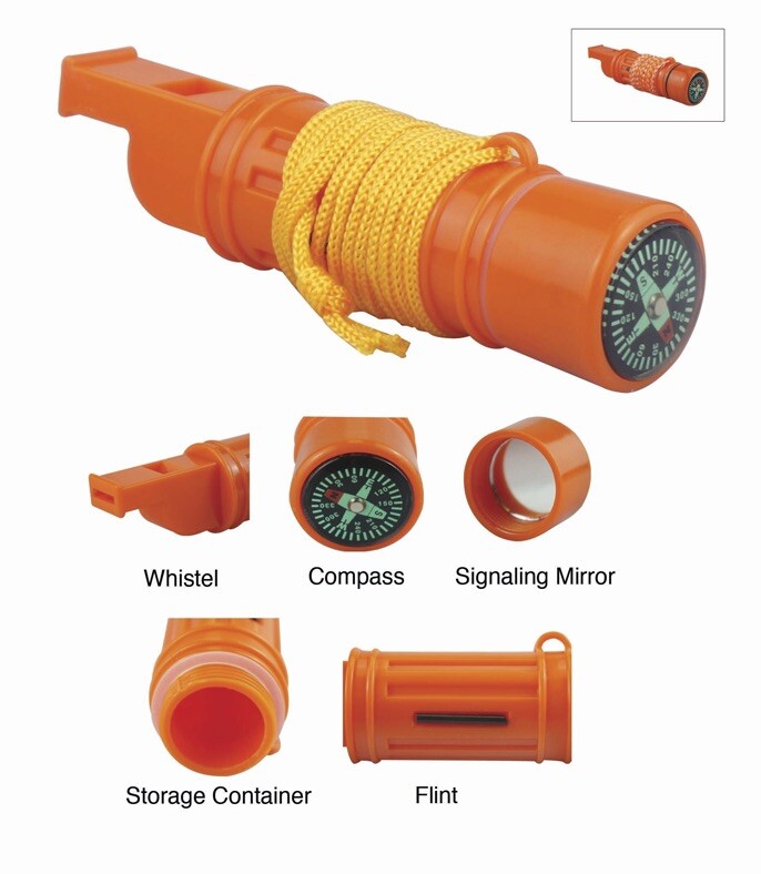 5in1 Camping Survival Whistle Compass Fire Starter Storage Container Mirror